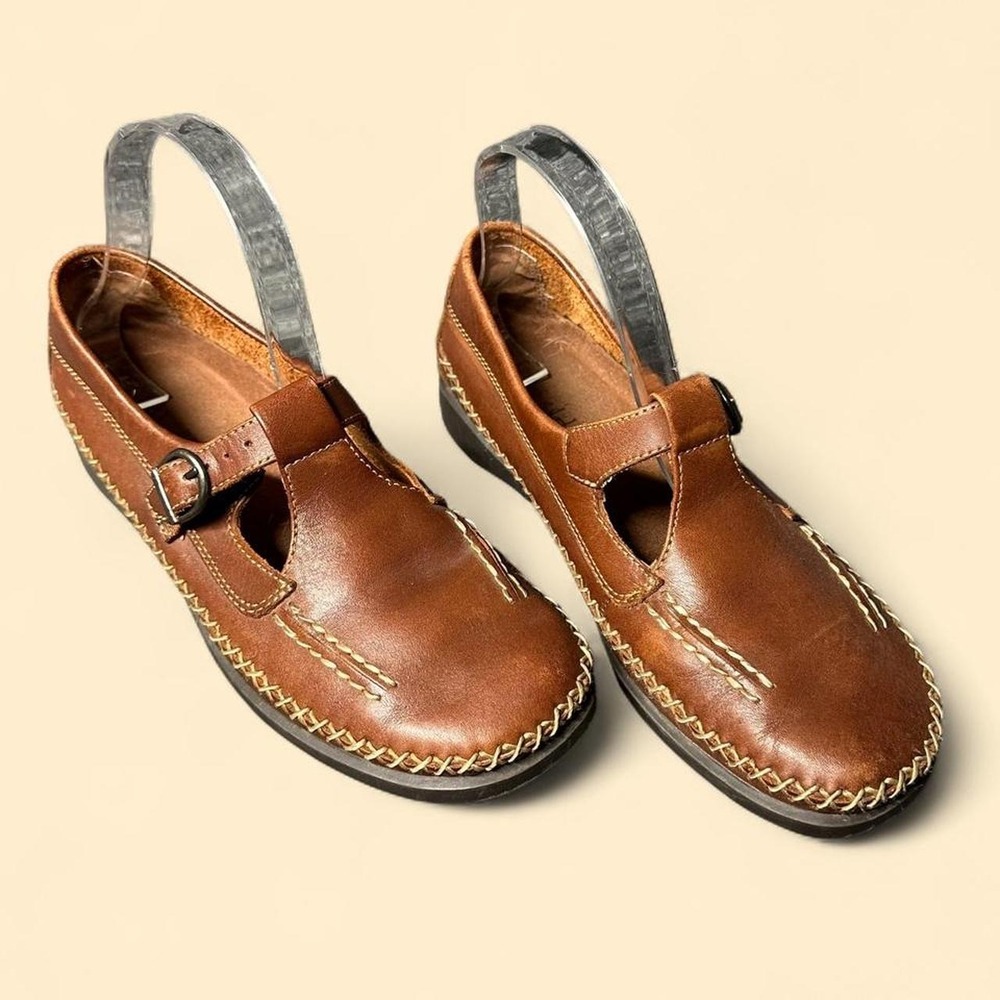 Vintage Dexter Mary Jane Sandals 7 Brown Leather T-Strap Chunky 90s T8461-5